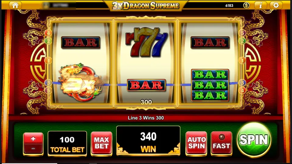 Kemenangan line 3 di 3x Dragon Supreme dengan naga 3x di gulungan kiri dan kotak kemenangan menunjukkan 340
