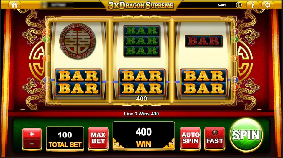 Tiga simbol BAR ganda di line 3 pada 3x Dragon Supreme yang membayar 400