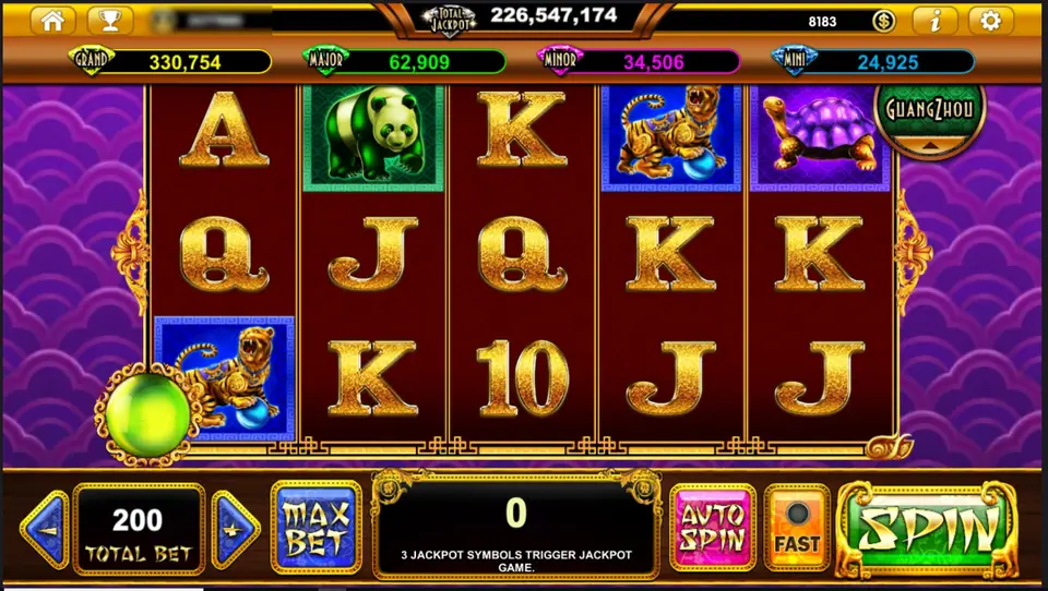 Gulungan Age of Golden Ape dengan simbol panda, harimau dan kura-kura di bawah kotak jackpot Grand, Major, Minor dan Mini
