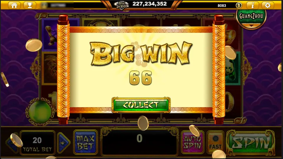 Gulungan Big Win Age of Golden Ape menunjukkan 66 dengan tombol Collect