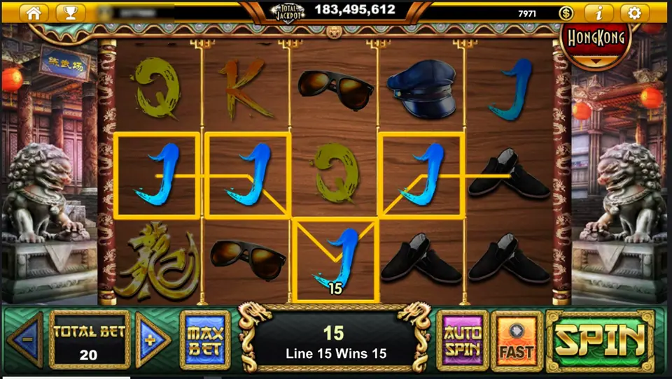 Bruce The Legend reels on a wooden background with a winning line of blue J symbols and the message Line 15 Wins 15