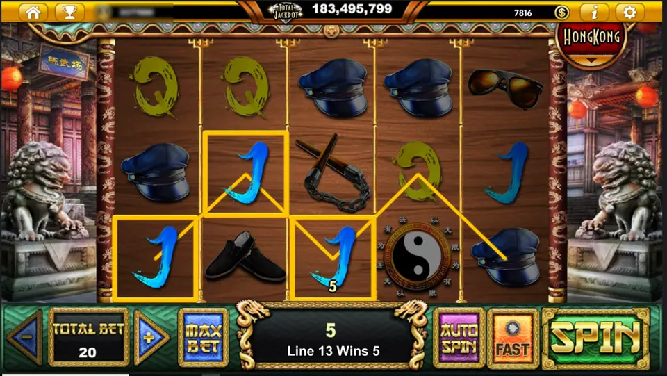 Two winning lines of blue J symbols linked by a zigzag line, with the message Line 13 Wins 5