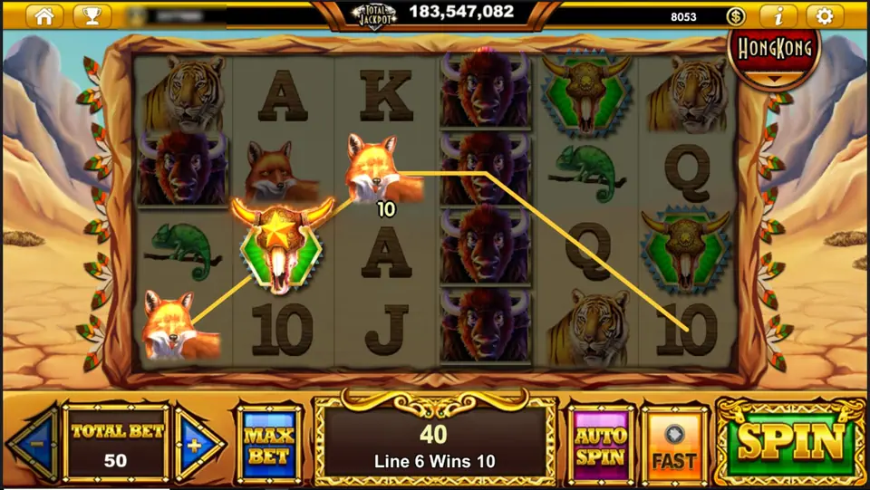 Buffalo Blaze reels with a winning line linking two fox symbols and a bull skull, Line 6 Wins 10