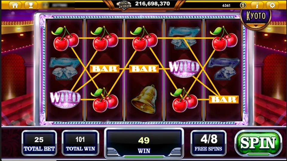 Classic Diamond free spin round showing 4/8 free spins, WILD symbols and several winning lines across cherries and BARs