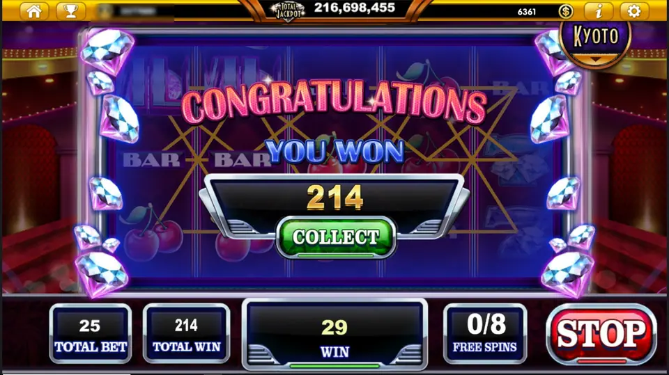Congratulations You Won 214 screen with Collect button and 0/8 free spins left