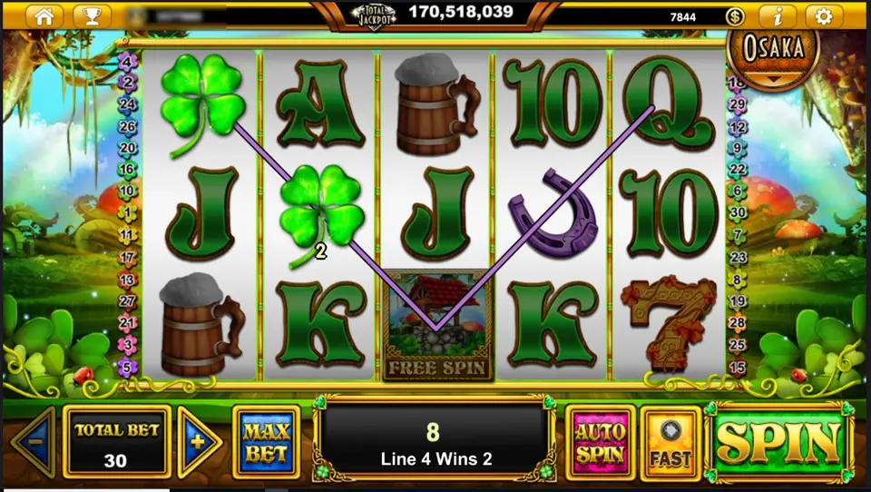 Clovers Tales reels with shamrock, horseshoe and ale mug symbols, a wishing well Free Spin symbol and the message Line 4 Wins 2