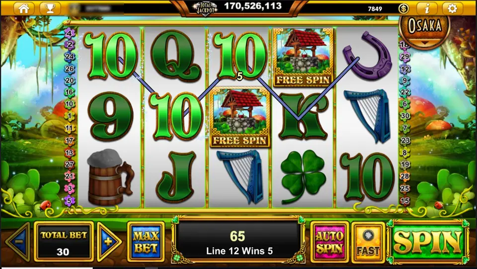 Two wishing well Free Spin symbols on Clovers Tales reels with a zigzag win on line 12
