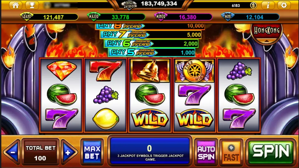 Dashing Inferno reels at a total bet of 100 with the ladder showing Any 5 at 1,000 up to Any 8 at 10,000