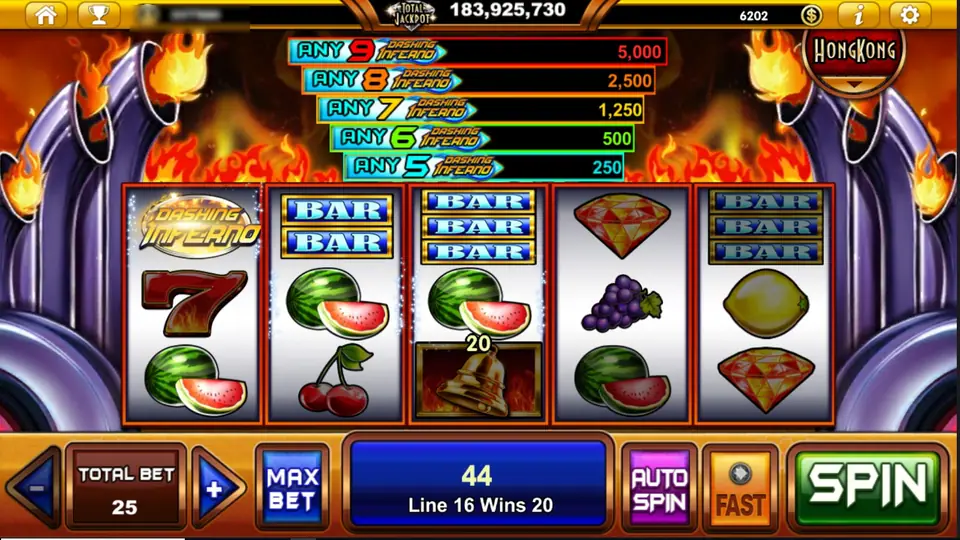 Dashing Inferno reels below a prize ladder from Any 5 to Any 9 Dashing Inferno symbols, paying 250 to 5,000 at a total bet of 25