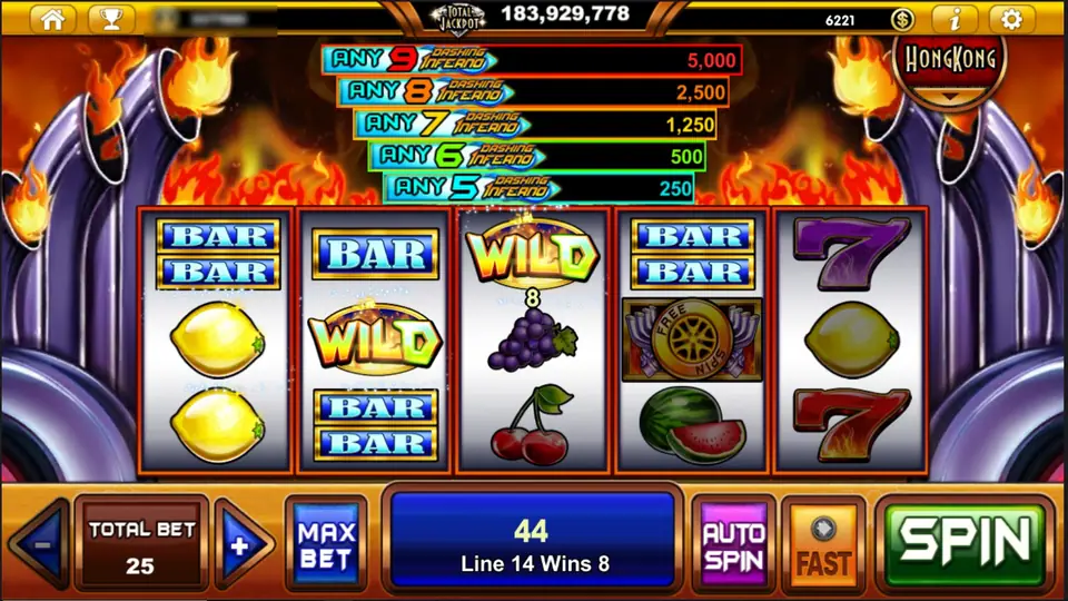 WILD symbols on reels 2 and 3 in Dashing Inferno completing a line 14 win of 8