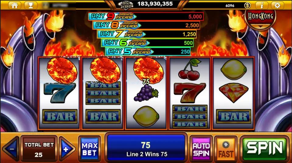 Three flaming Dashing Inferno symbols on the top row with a win of 75 on line 2