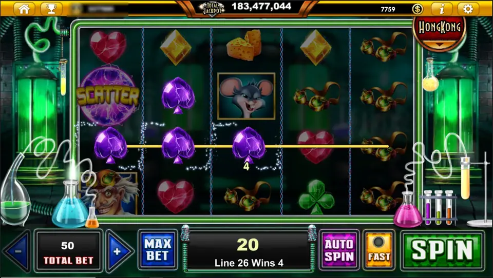Line 26 win of three purple spades in Dr. Eerie's Experiment with a total bet of 50