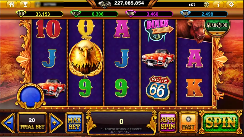 Dreams of American reels with eagle, red convertible, Route 66 shield, diner sign and buffalo symbols under four jackpot boxes