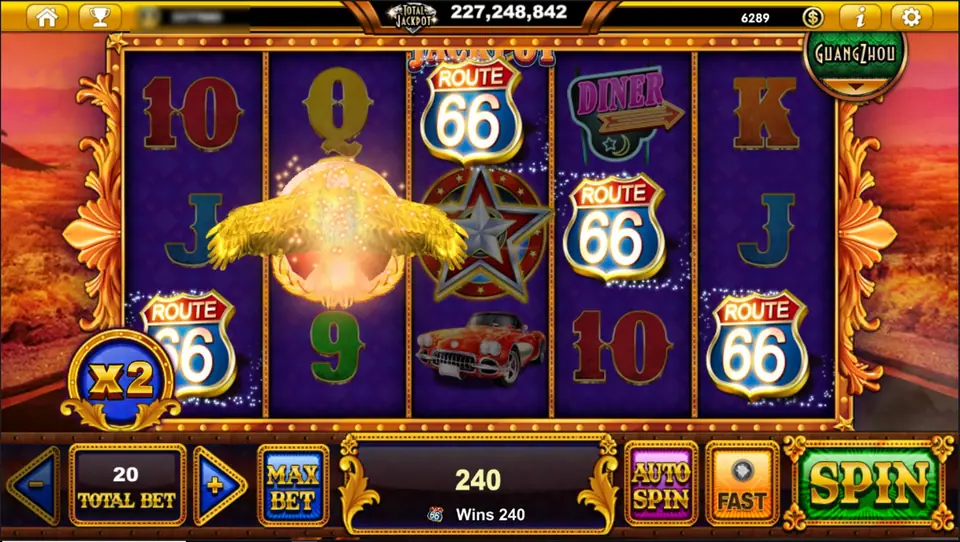Dreams of American reels with four Route 66 shields, the star symbol and the orb at x2, win 240