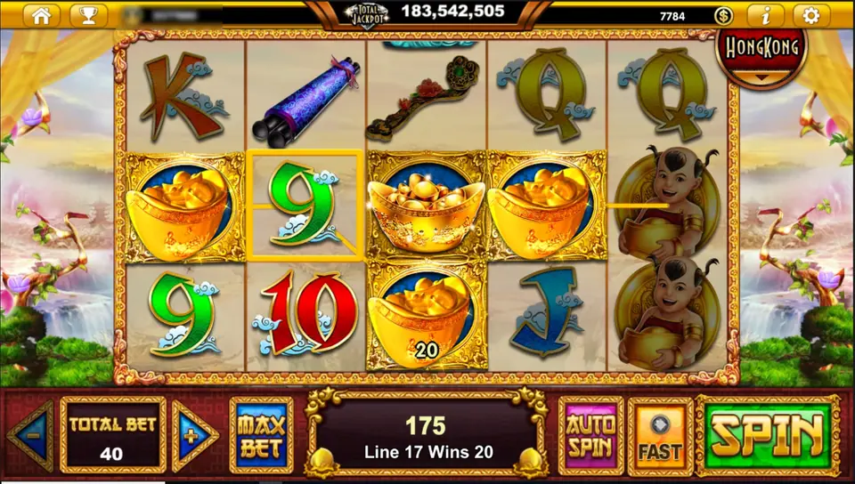 God of Three reels with gold ingot bowls on the middle row, a child holding an ingot on reel 5 and the message Line 17 Wins 20