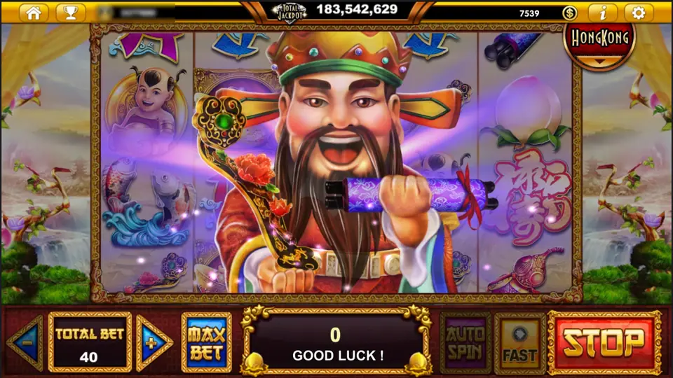 A bearded star god holding a sceptre and scroll appears over the God of Three reels, with the message Good luck