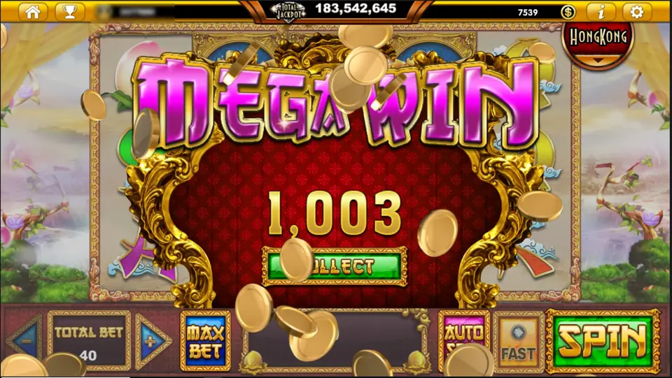 Mega Win banner showing 1,003 with a Collect button over the God of Three reels