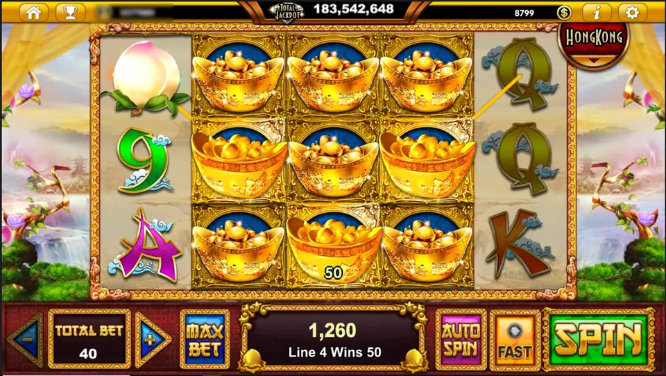 God of Three reels 2 to 4 filled with gold ingot bowls, win box showing 1,260