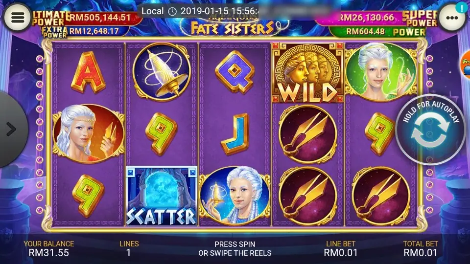 Fate Sisters reels in the LPE88 mobile app showing the three white-haired sisters, a spindle, shears, a gold three-face wild and a blue scatter, with jackpot boxes on top