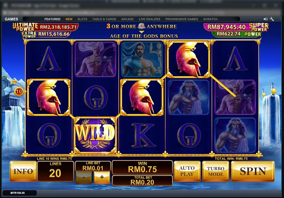Age of the Gods on LPE88 with the '3 or more coins anywhere' bonus banner and a win on line 10