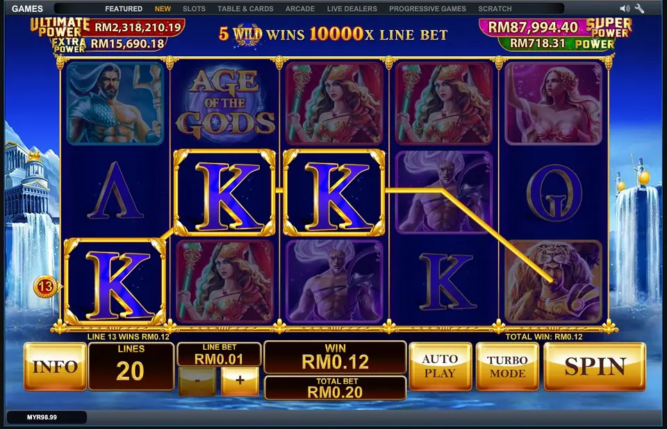 Age of the Gods reels with the '5 WILD wins 10000x line bet' message and a win on line 13
