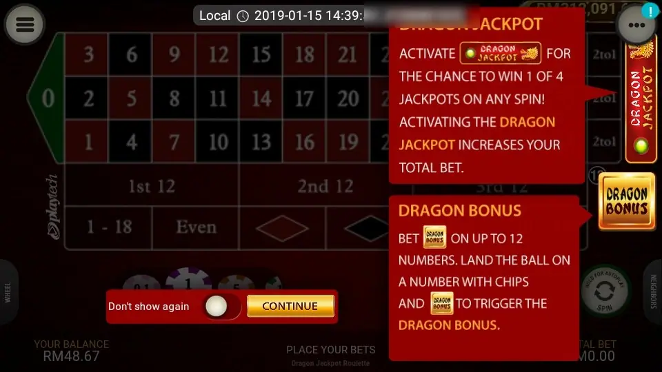 Dragon Jackpot Roulette help panel on LPE88 explaining the Dragon Jackpot switch and the Dragon Bonus chip