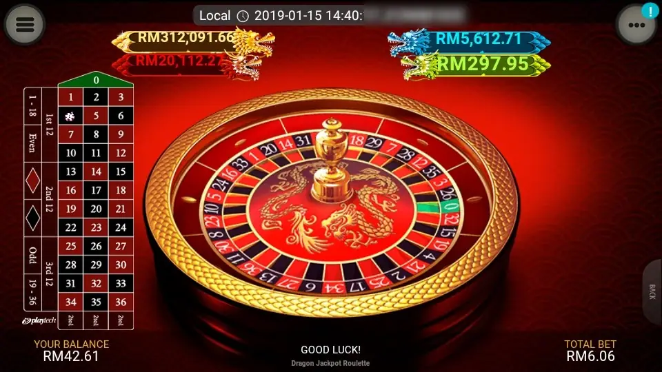 Dragon Jackpot Roulette wheel on LPE88 with a gold dragon in the centre, four dragon jackpot counters in RM above it and a mini betting grid on the left