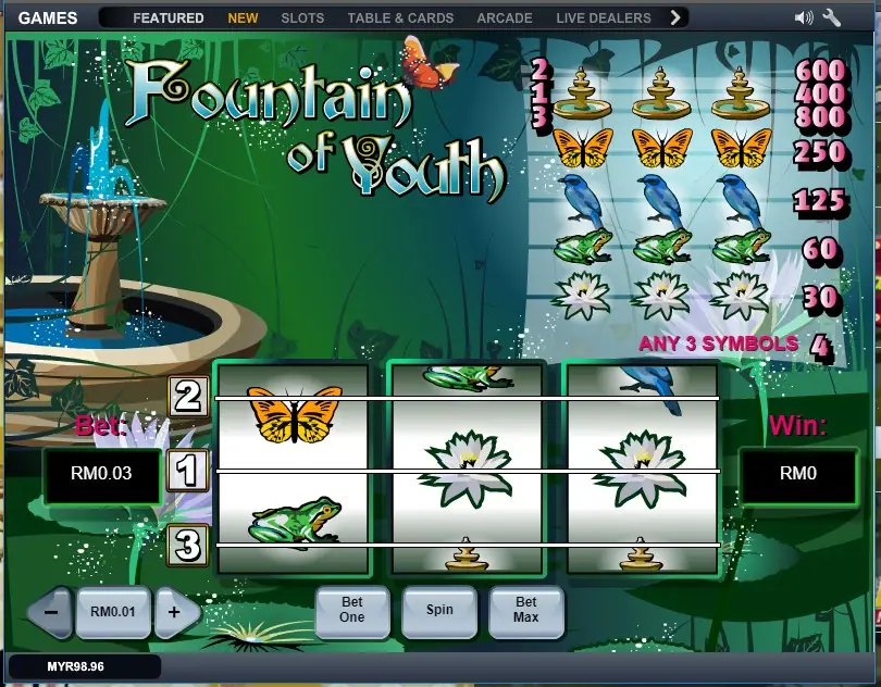 Fountain of Youth on LPE88: three reels with a butterfly, frog and water lilies, the paytable on the right and Bet One, Spin and Bet Max buttons below