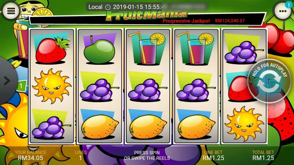 Fruit Mania on the LPE88 app with juice glasses on reels 3 and 4 and grapes across the middle row