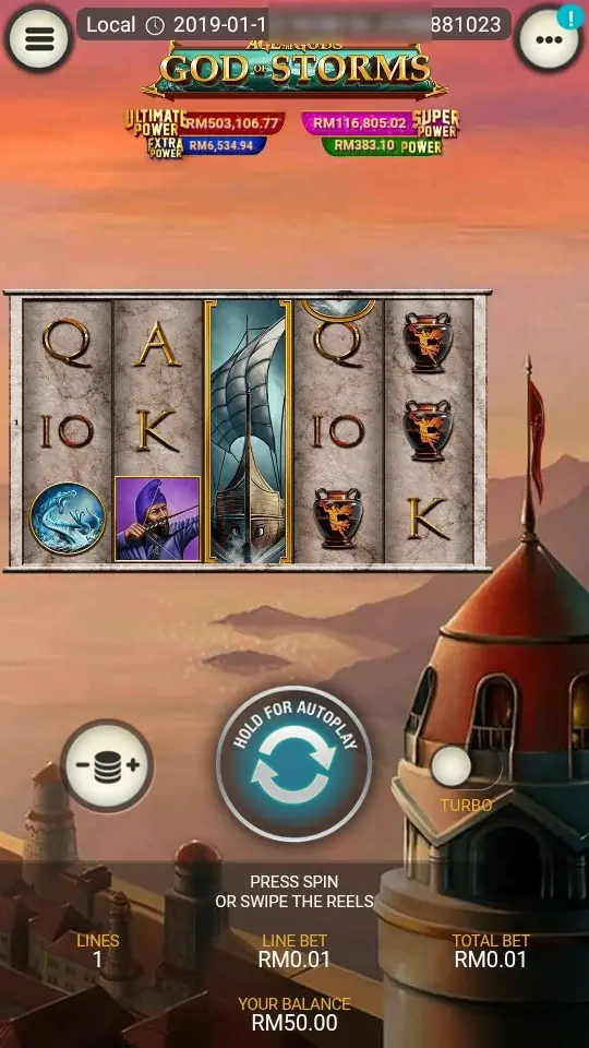 God of Storms in portrait mode on LPE88 with the title, jackpot boxes, bet button and turbo switch