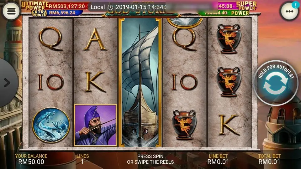 God of Storms reels on LPE88 with a full-height sailing ship on reel 3, a sea serpent, a turbaned archer and painted urns on marble reels