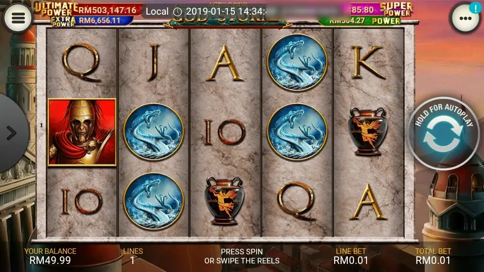 God of Storms reels with a red-caped warrior on reel 1 and sea serpents on reels 2 and 4