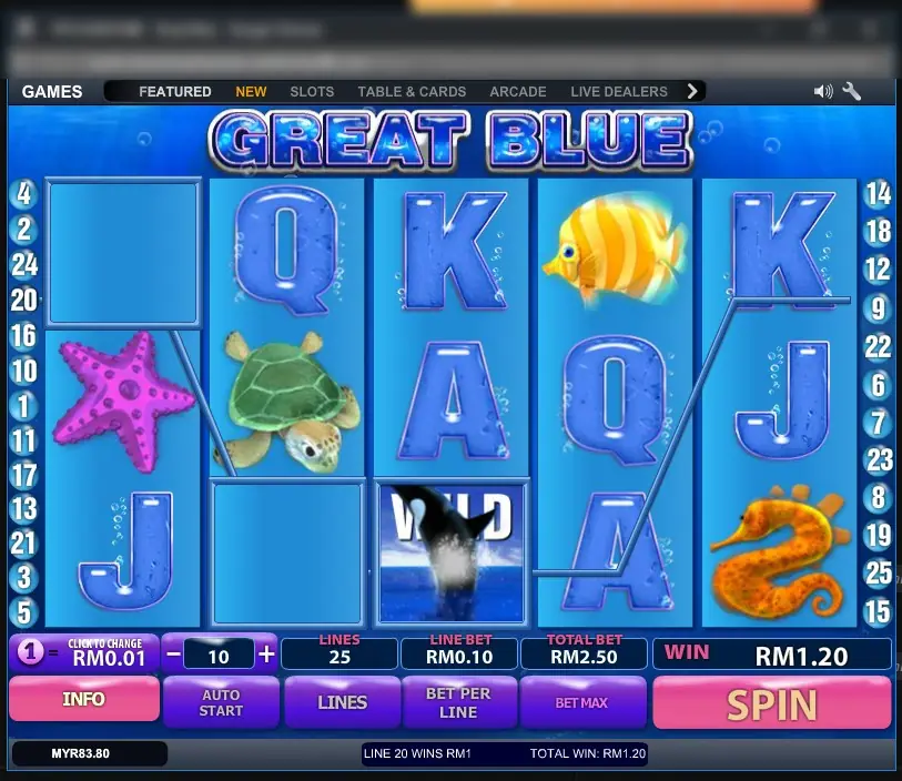Great Blue reels on LPE88 with a killer whale WILD on reel 3, a turtle, starfish, yellow fish and seahorse, and a RM1.20 win shown in the bet bar