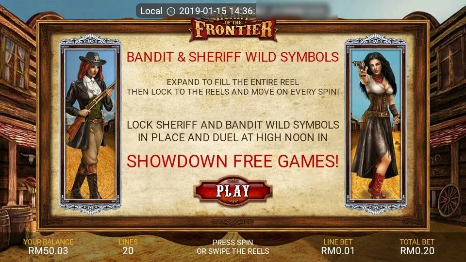 Heart of the Frontier intro screen on LPE88 explaining the Bandit and Sheriff wild symbols and the Showdown Free Games