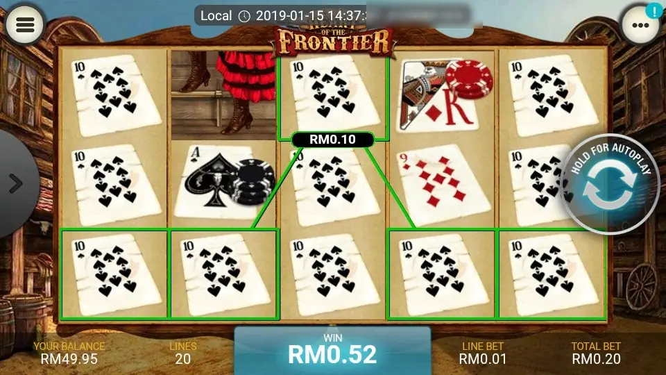 Heart of the Frontier on LPE88 with a five-of-a-kind line of tens of spades paying RM0.10 and a total win of RM0.52