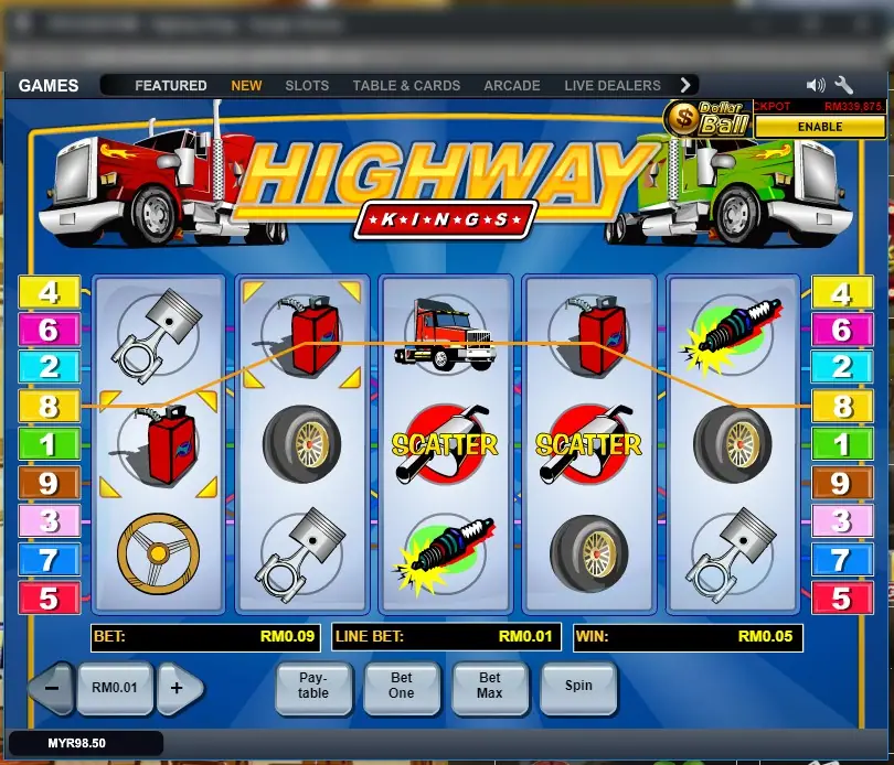 Highway Kings on LPE88 with two SCATTER symbols on reels 3 and 4 and a win on line 8 paying RM0.05