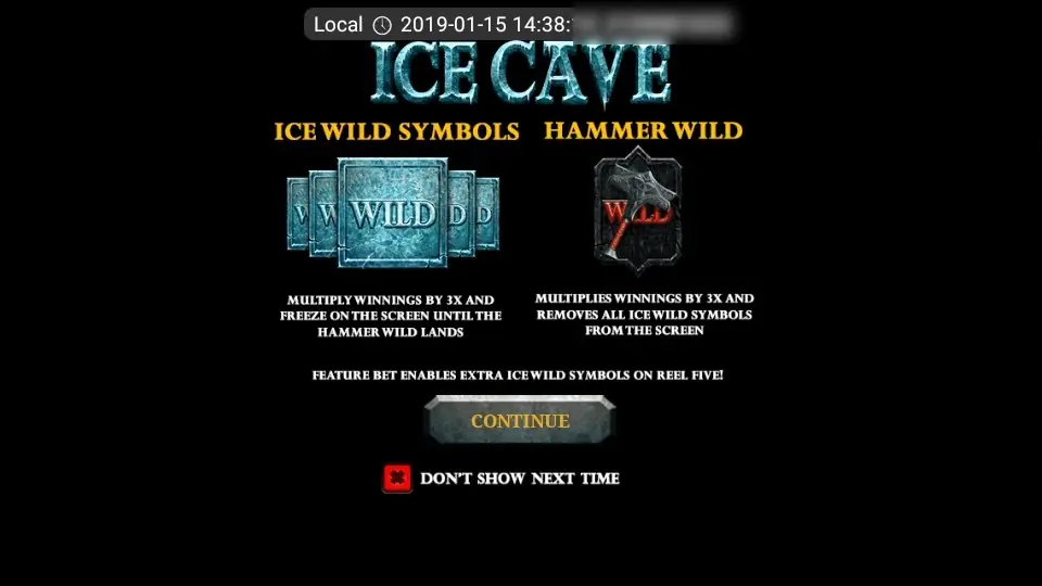 Ice Cave intro screen on LPE88 explaining Ice Wild Symbols, the Hammer Wild and the Feature Bet