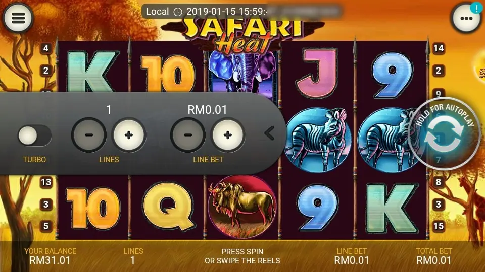 Safari Heat on LPE88 with the settings drawer open showing Turbo, Lines set to 1 and Line Bet RM0.01