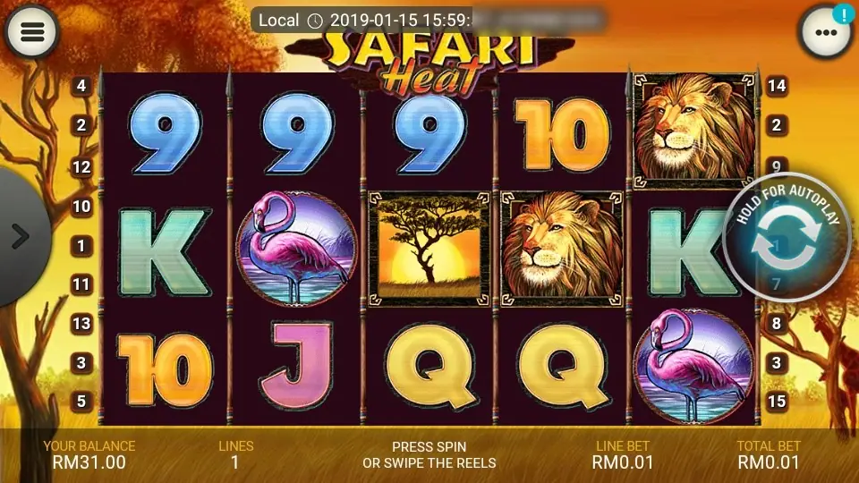 Safari Heat on LPE88 with two lions on reels 4 and 5, two flamingos and the acacia sunset on reel 3