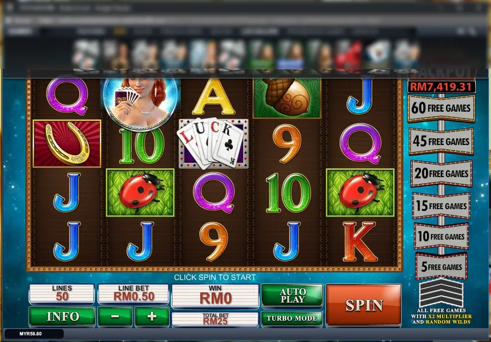 Streak of Luck in the LPE88 PC client with lines at 50, line bet RM0.50 and total bet RM25