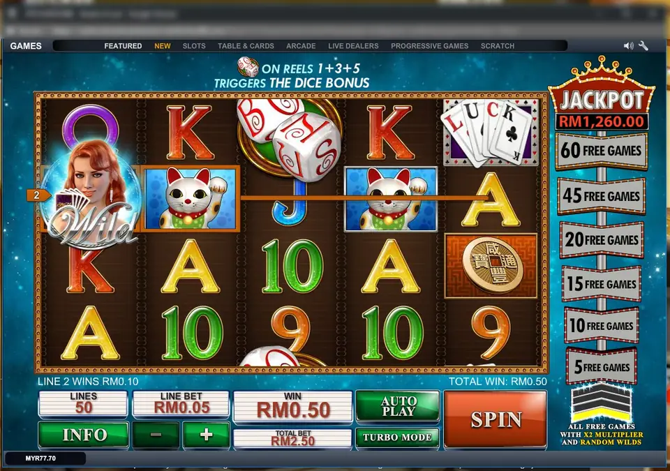 Streak of Luck on LPE88 with the 'dice on reels 1+3+5 triggers the dice bonus' banner, two lucky cats and a win on line 2