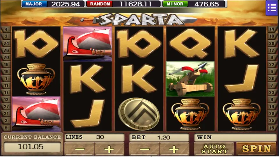 Slot Sparta di Mega888 dengan simbol kapal perang, amfora, katapel dan perisai, 30 line dipilih dan taruhan 1,20