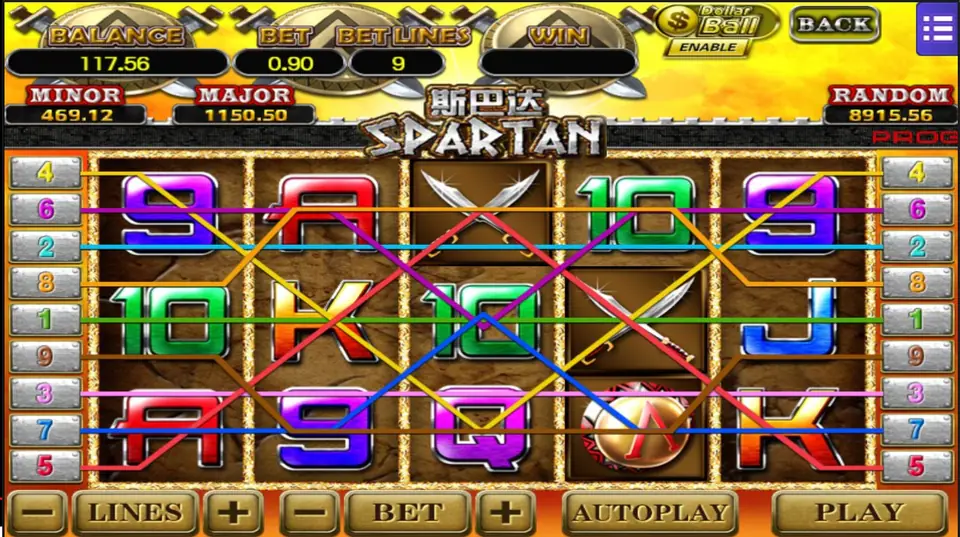 Spartan slot on Mega888 showing all 9 coloured paylines drawn across the reels, with balance, bet and jackpot boxes along the top
