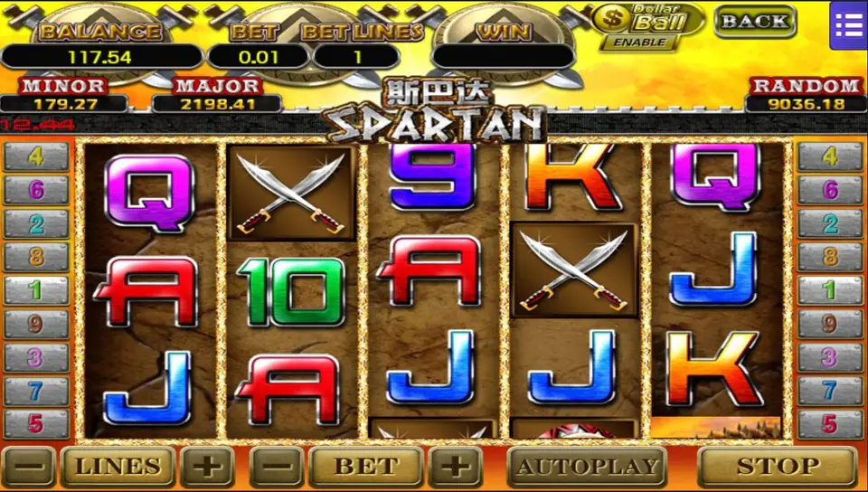 Spartan reels at 1 line and 0.01 bet with crossed scimitars on reels 2 and 4 and red, blue and purple card letters