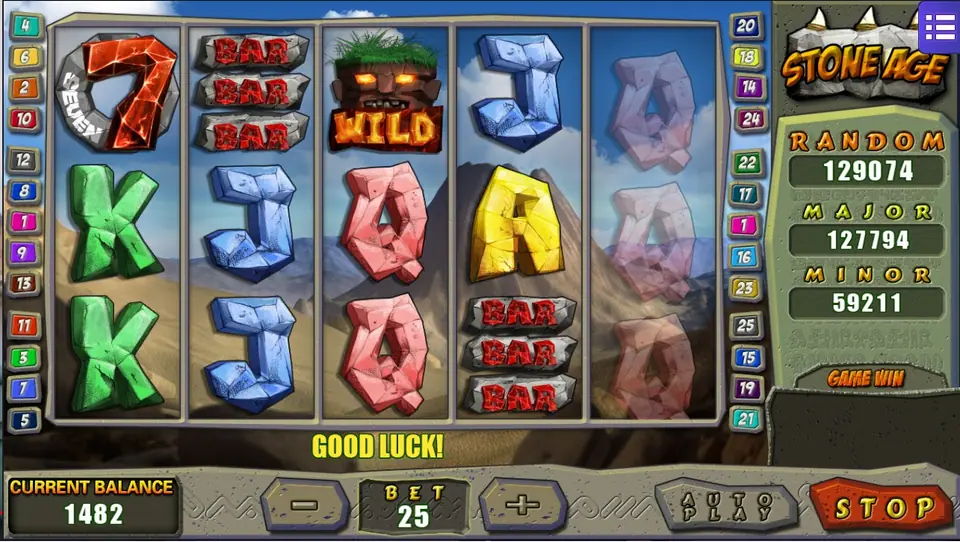 Stone Age reels with carved blue J symbols, red sevens and triple BARs during a spin