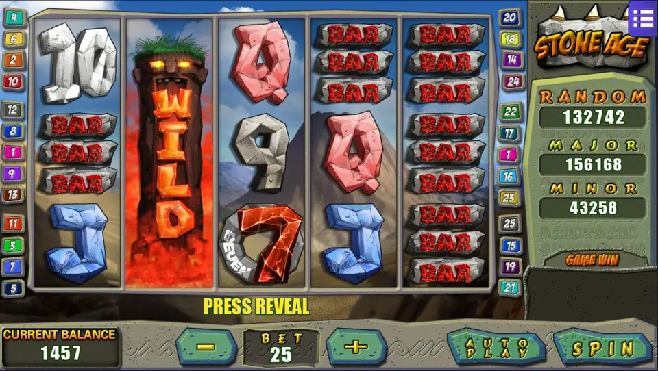 Stone Age spin where a tall lava-lit totem wild fills reel 2 while triple BARs fill reels 4 and 5