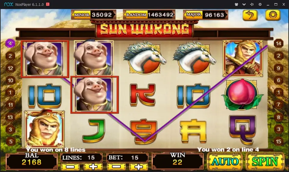 Sun Wukong reels with three Pigsy symbols framed in red on a winning line, plus peach and horse symbols