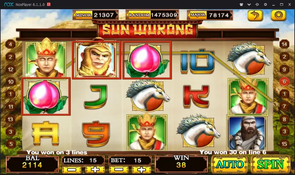 Sun Wukong spin with the Monkey King and two peaches boxed on line 6 and 38 in the win meter