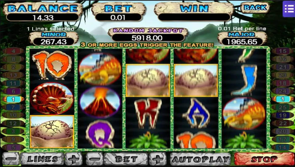 T-Rex reels with egg nests on reels 1, 3 and 4 and a banner saying three or more eggs trigger the feature