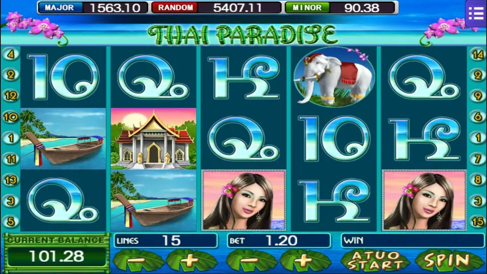 Thai Paradise di Mega888 dengan gajah putih, kuil, perahu ekor panjang, dan simbol kartu, 15 line dengan taruhan 1.20